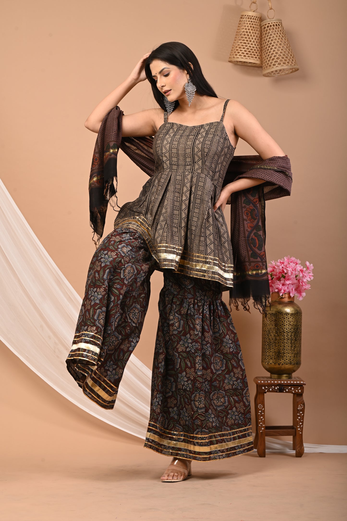 Bagru Print Sharara Kurti Dupatta Set