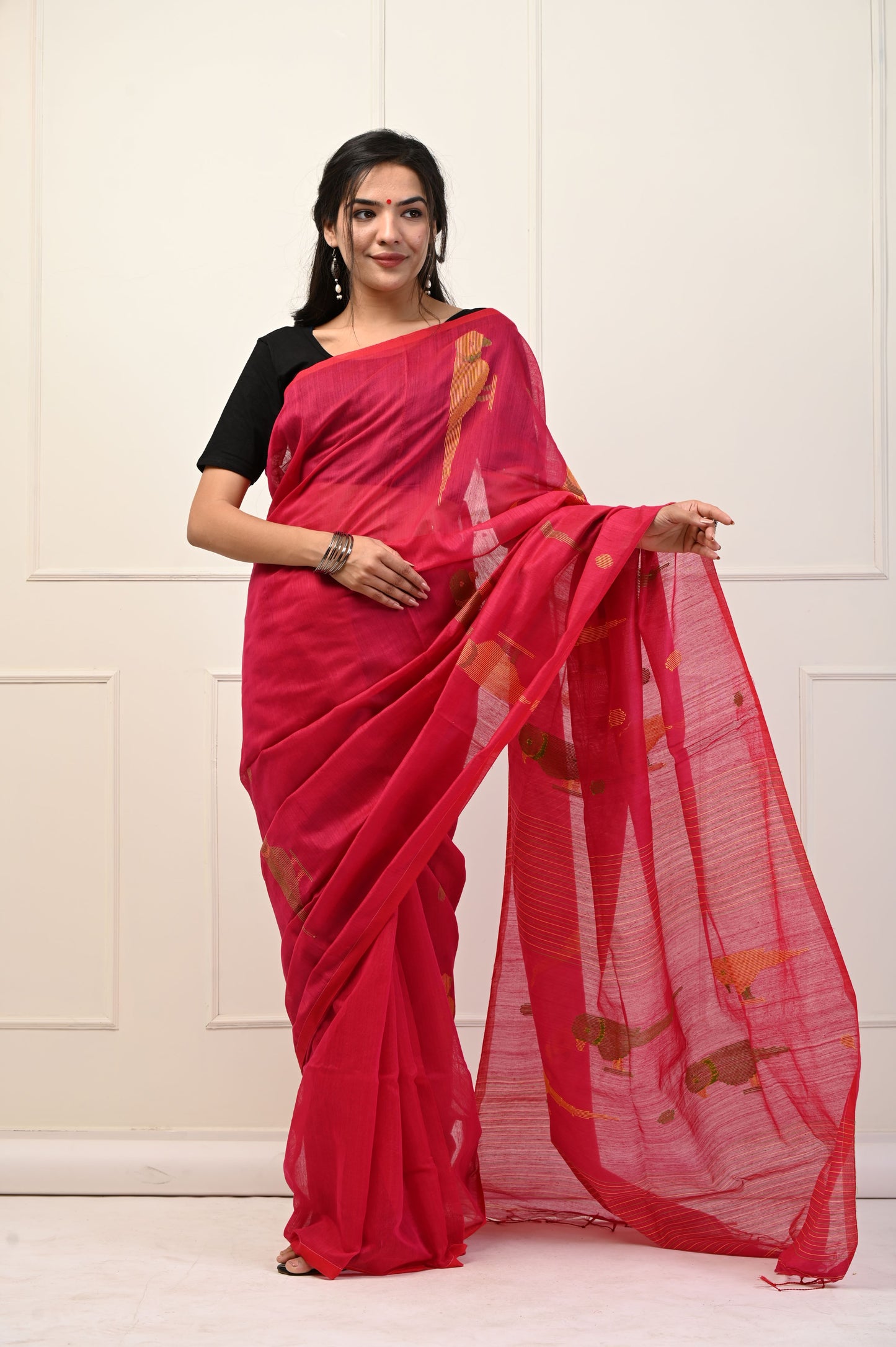 Pure Jamdani Parrot Woven Saree Without Blouse