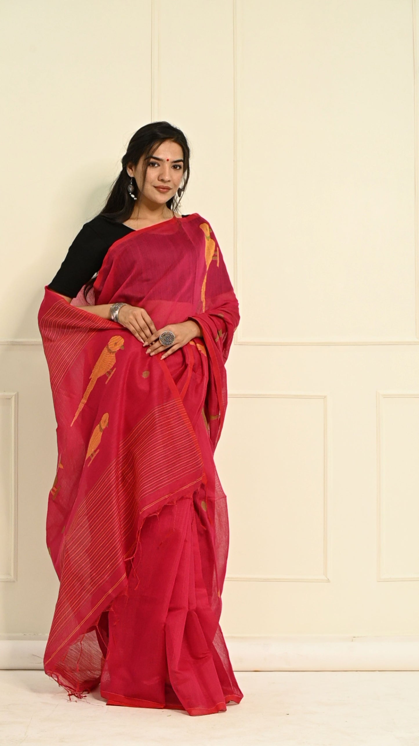 Pure Jamdani Parrot Woven Saree Without Blouse