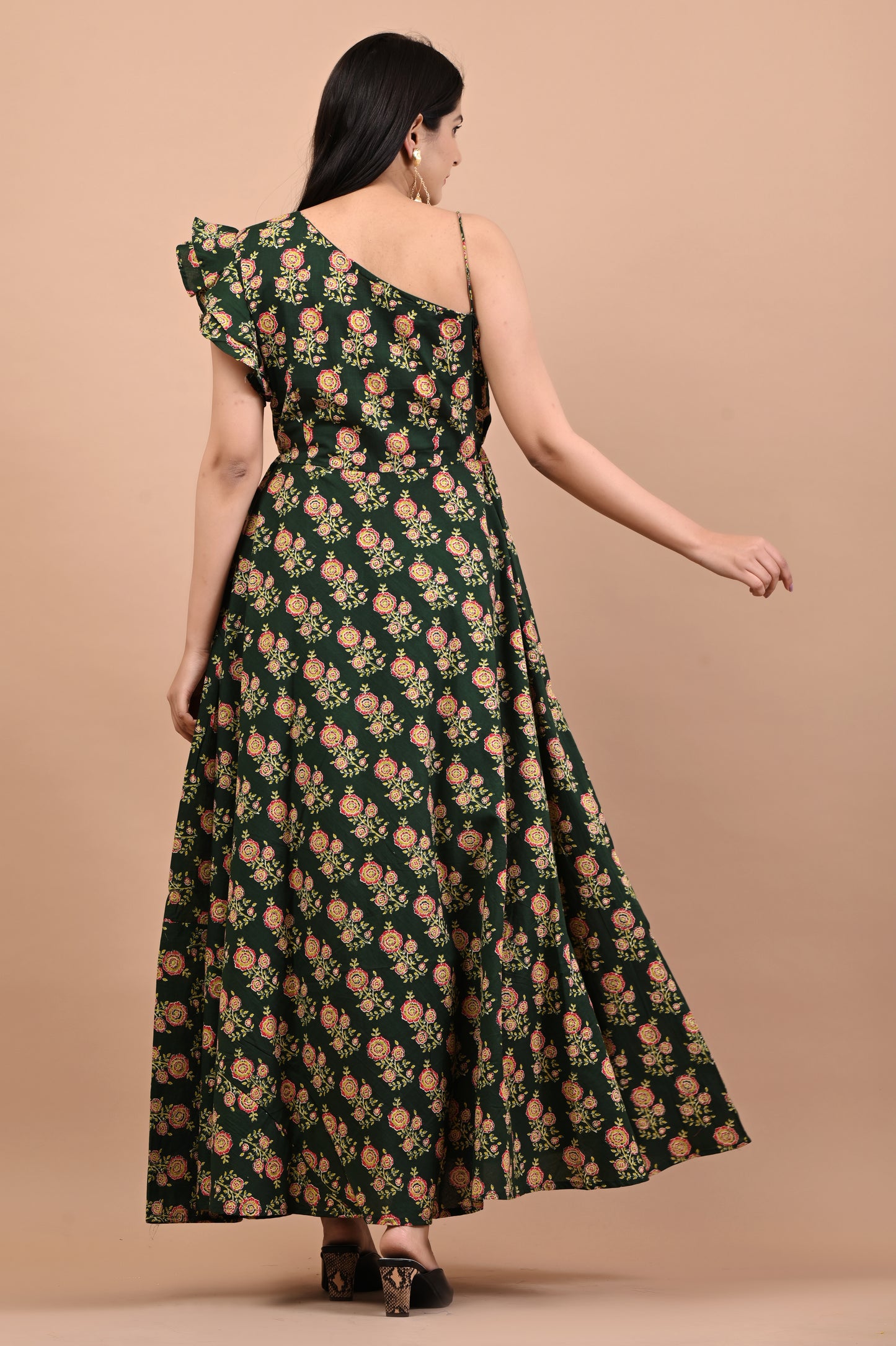 Floral Block Printed Green Gown Dress