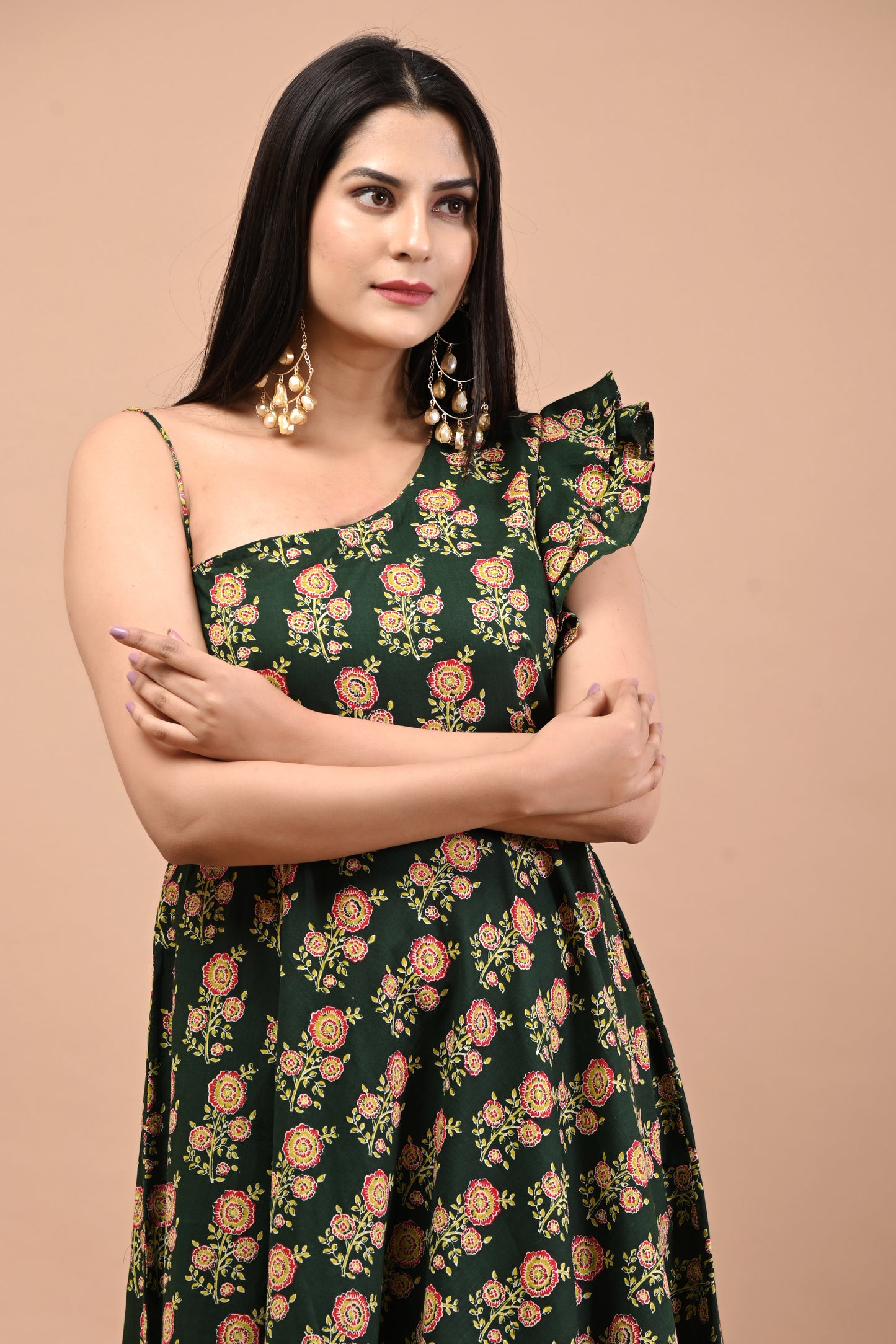 Floral Block Printed Green Gown Dress