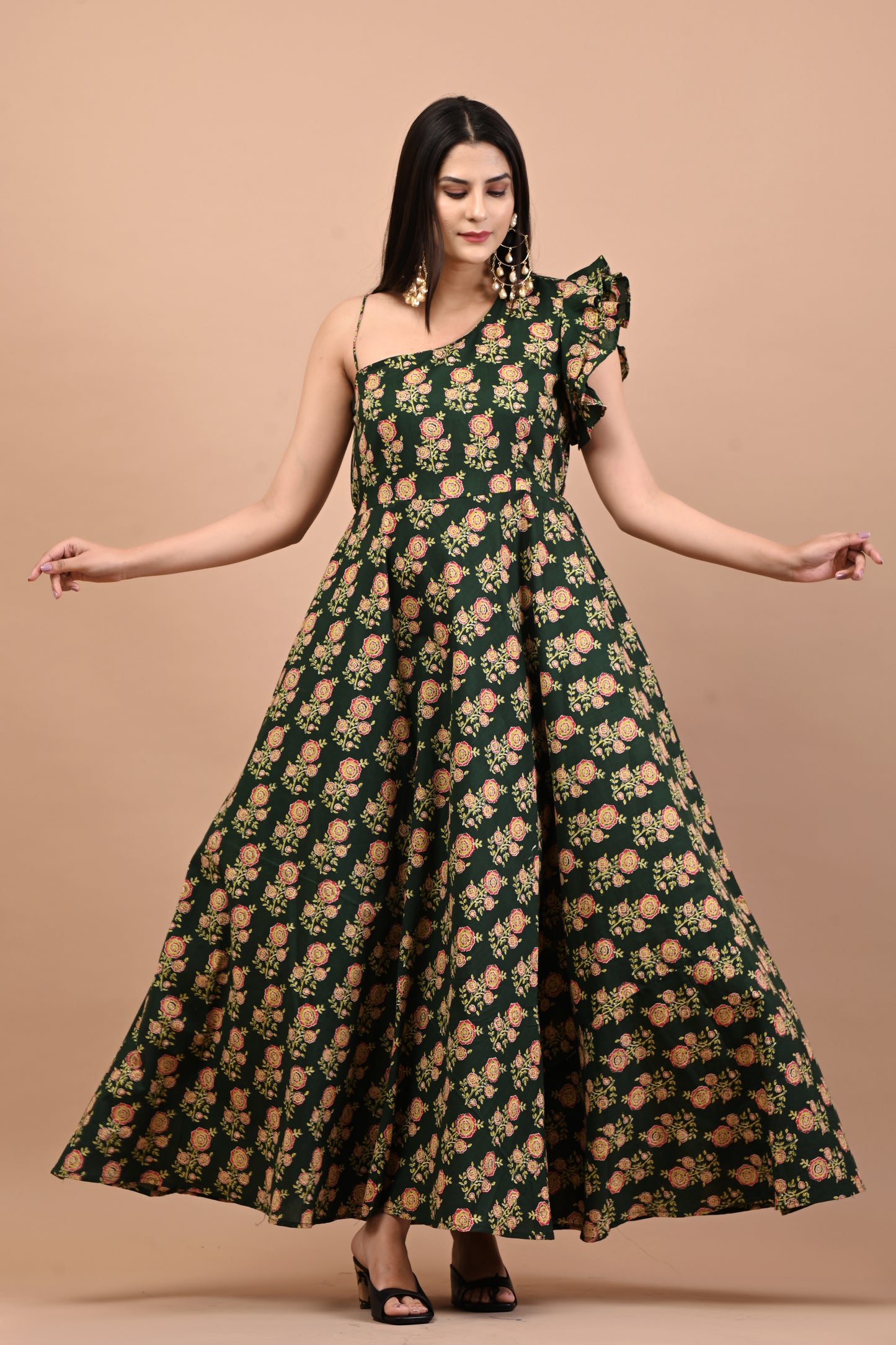 Floral Block Printed Green Gown Dress