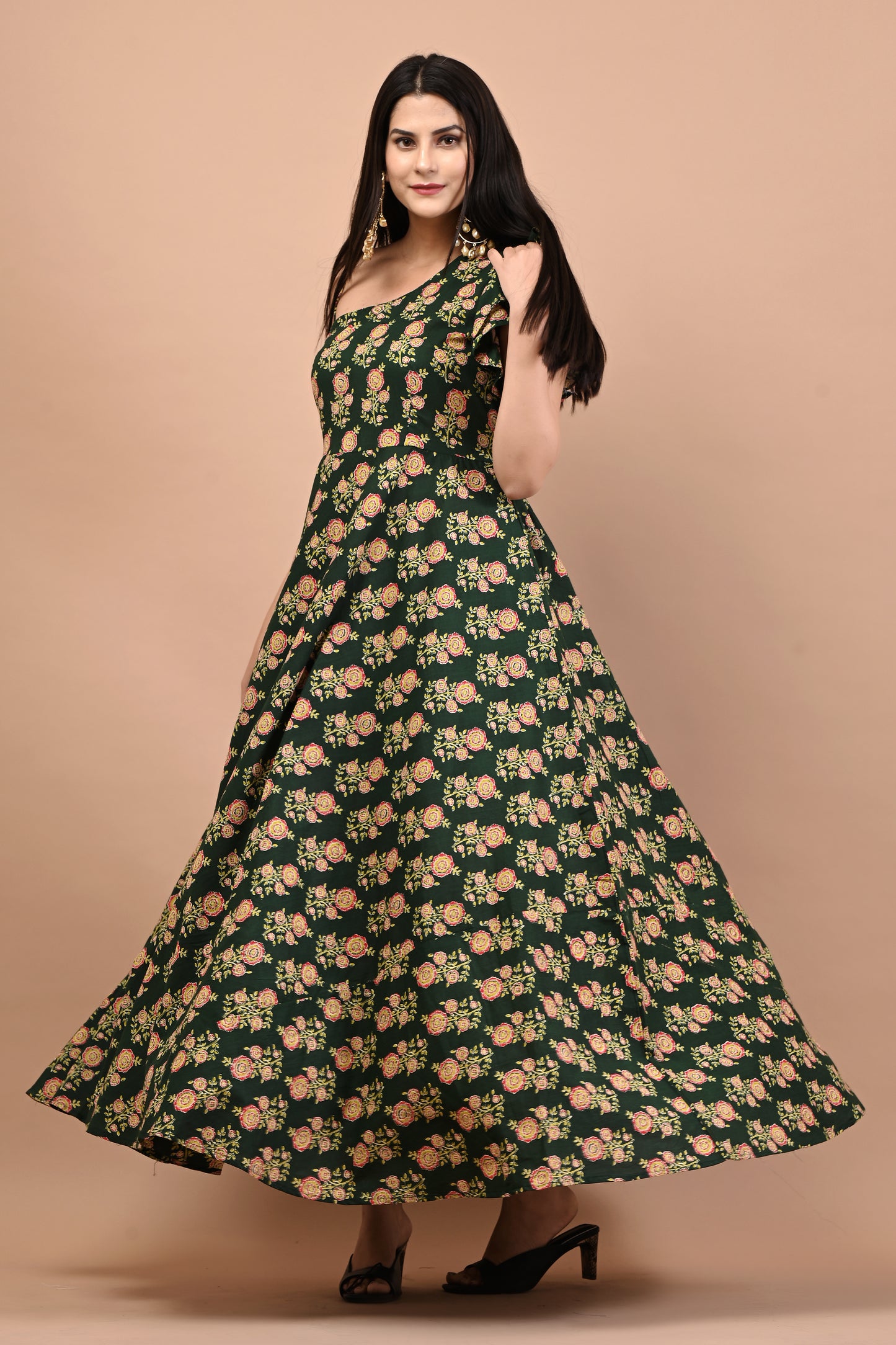 Floral Block Printed Green Gown Dress