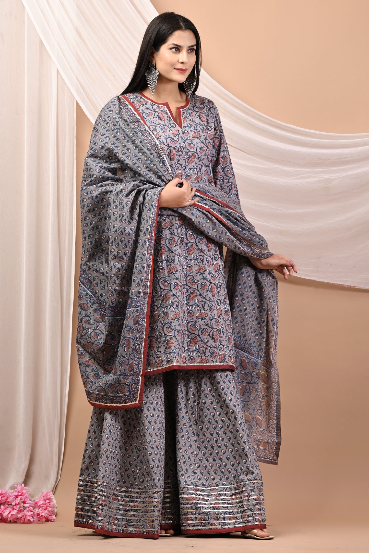 Cotton Hand Block Printed Sharara Set with Dupatta