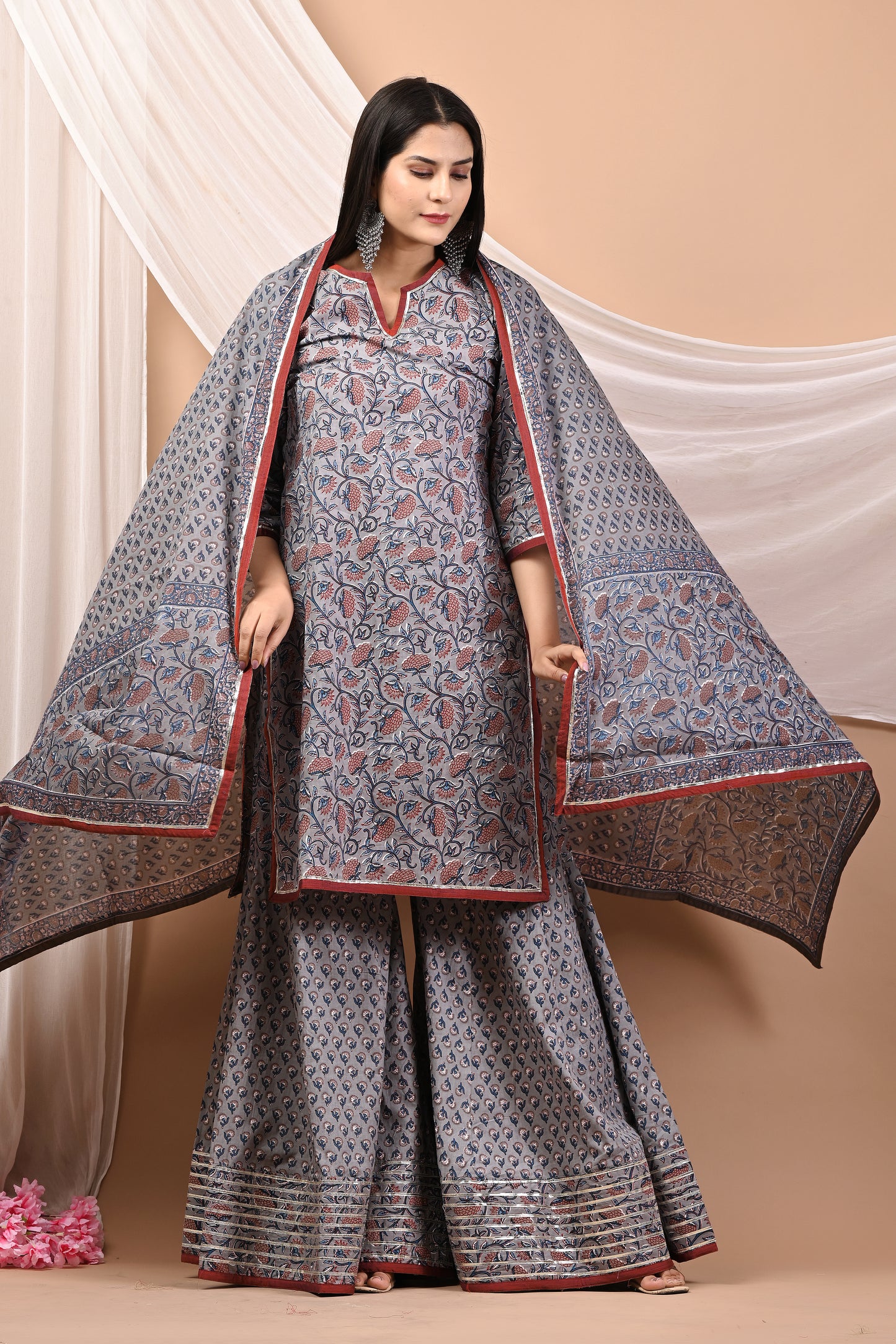 Cotton Hand Block Printed Sharara Set with Dupatta