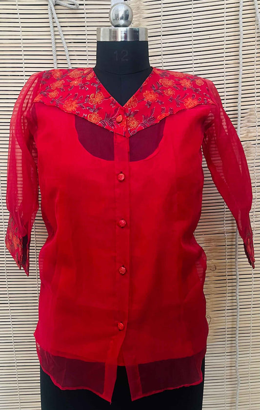 Red Floral Hand Block Printed Chanderi Shirt