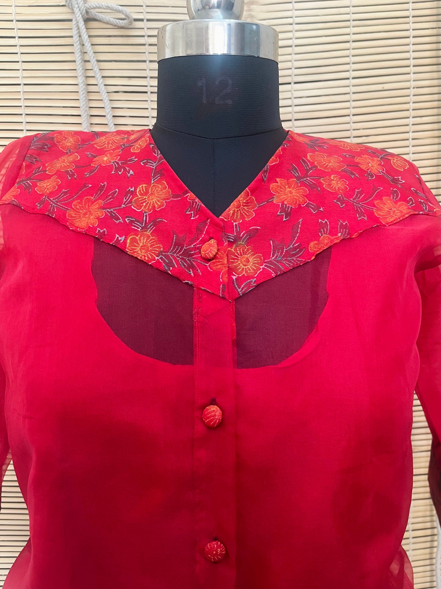 Red Floral Hand Block Printed Chanderi Shirt