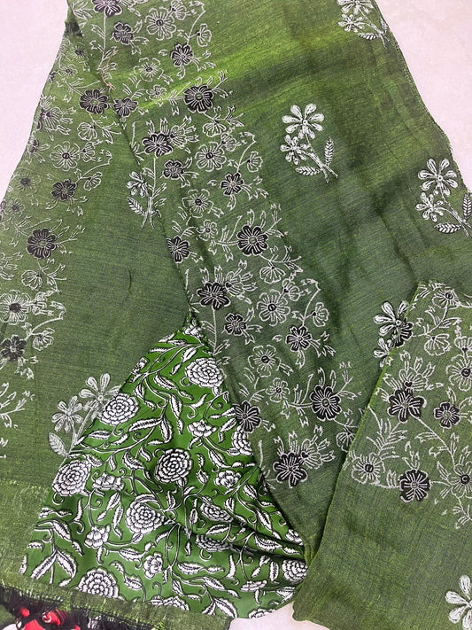 Green Khadi Handloom Block Printed Saree  With Blouse