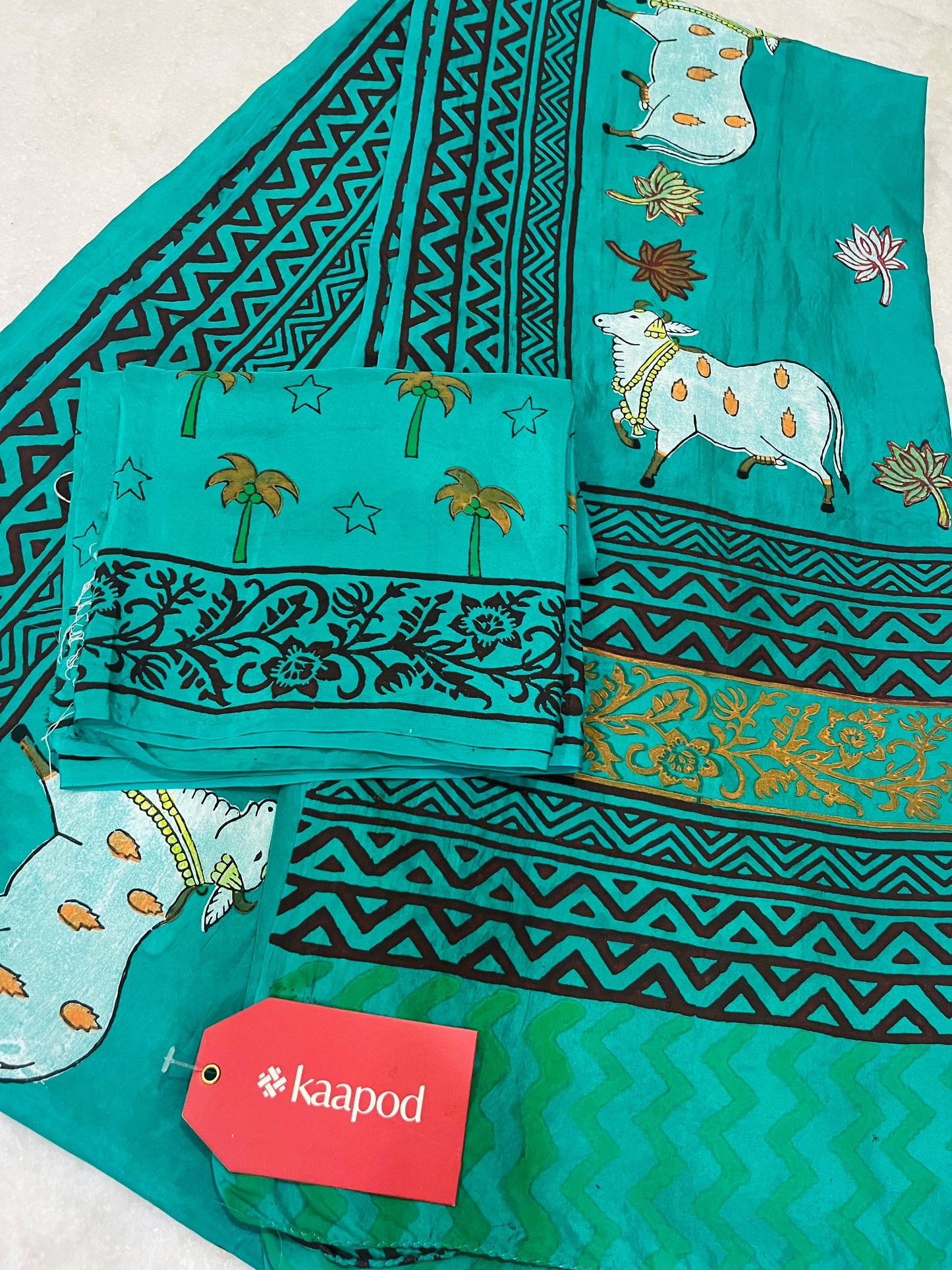 Animal Hand Block Printed Saree With Blouse