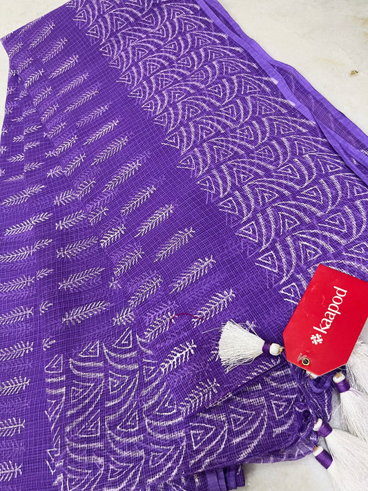 Purple Kota Doriya Hand Block Print Saree With Blouse