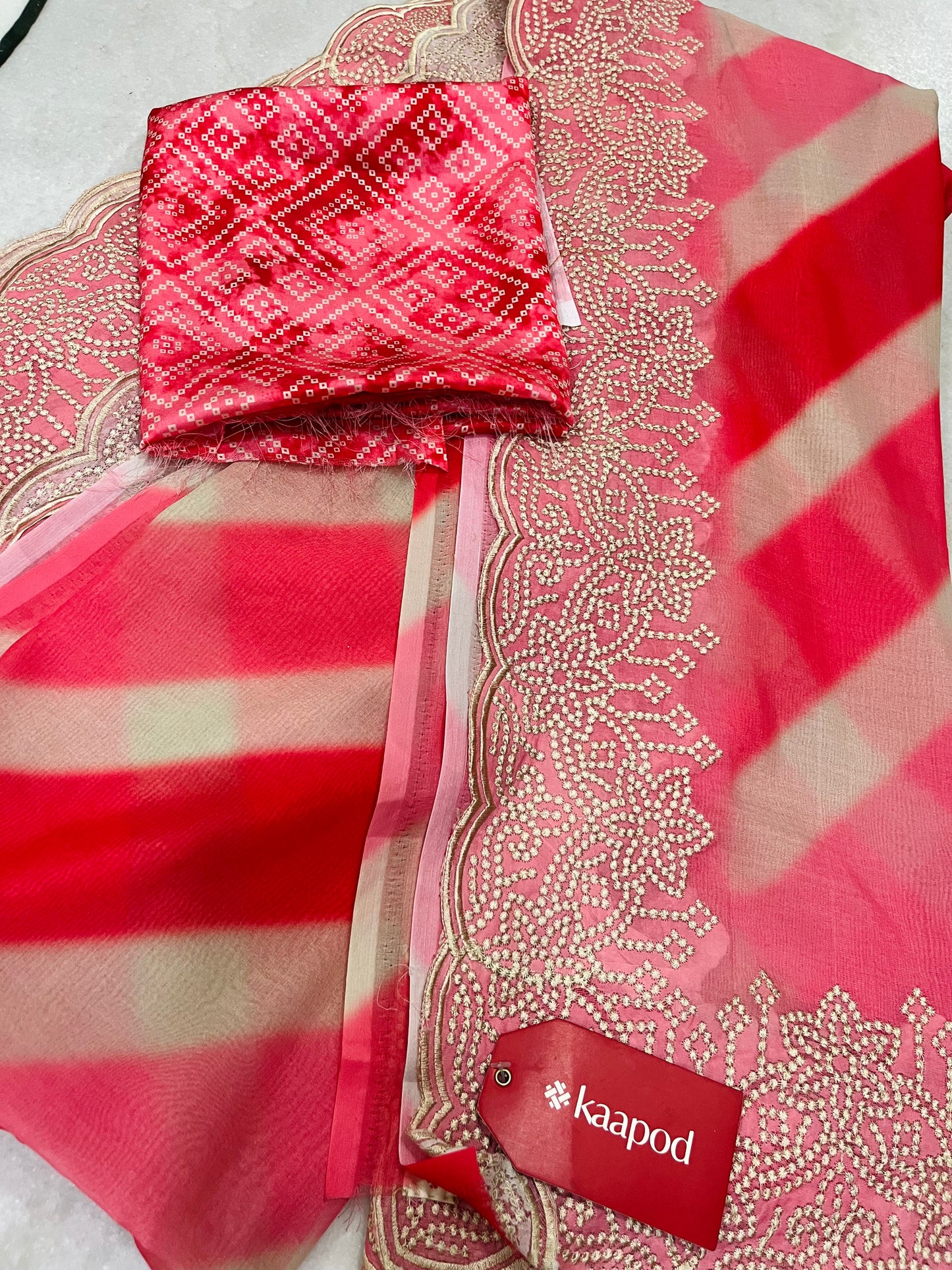 Organza Saree With Bandhani Blouse