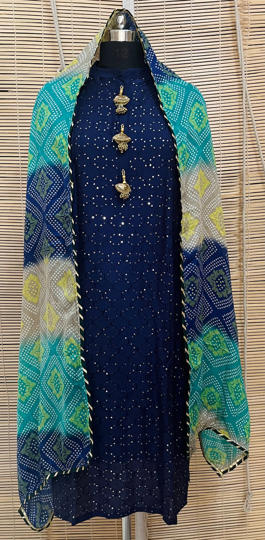 Blue Cotton Sequins Suit Set