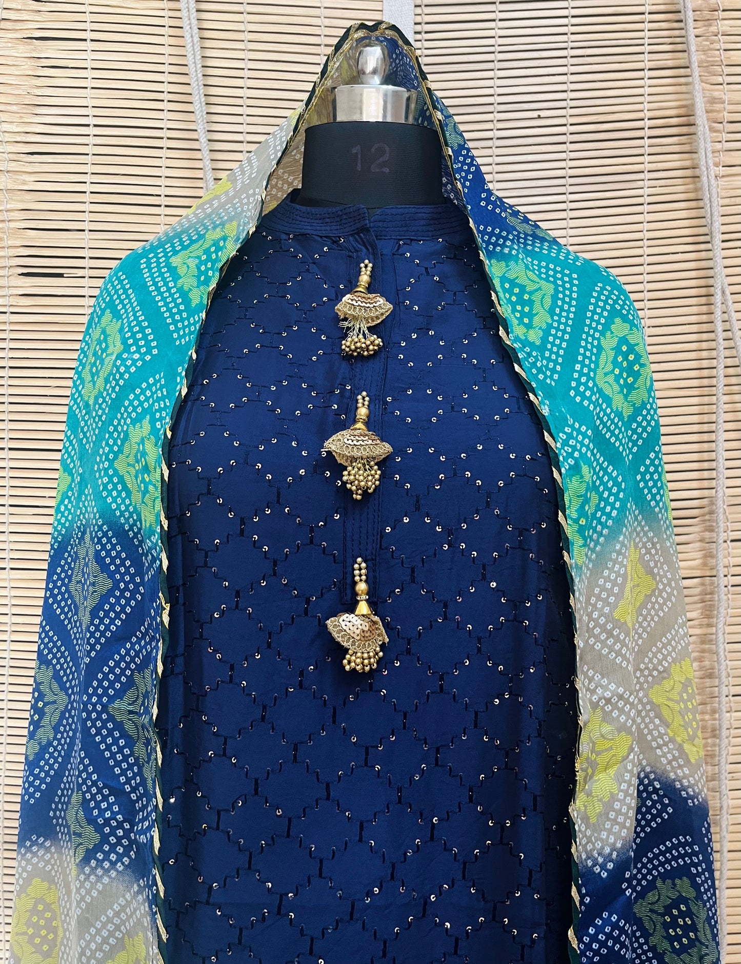 Blue Cotton Sequins Suit Set