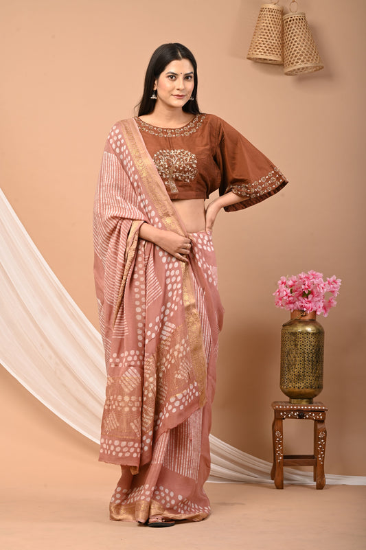 Pure Chiffon Batik Block Print Saree with Blouse