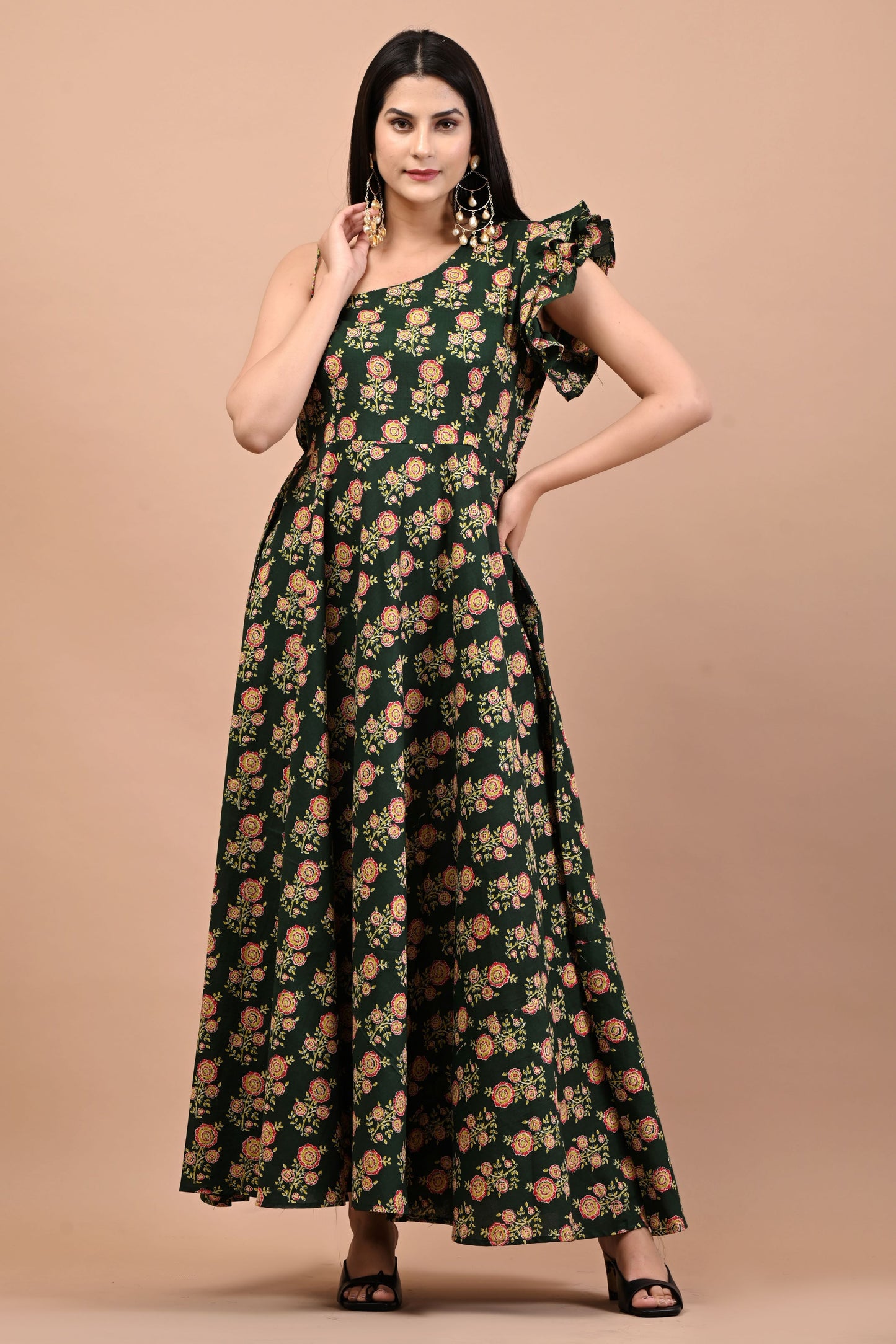 Floral Block Printed Green Gown Dress