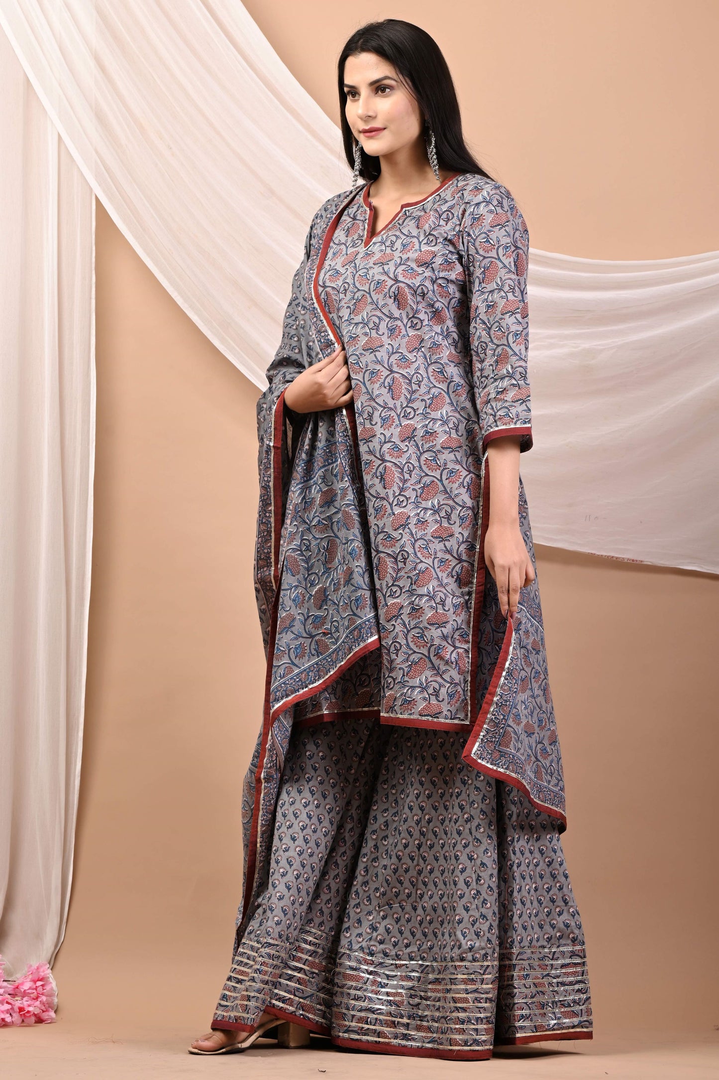 Cotton Hand Block Printed Sharara Set with Dupatta