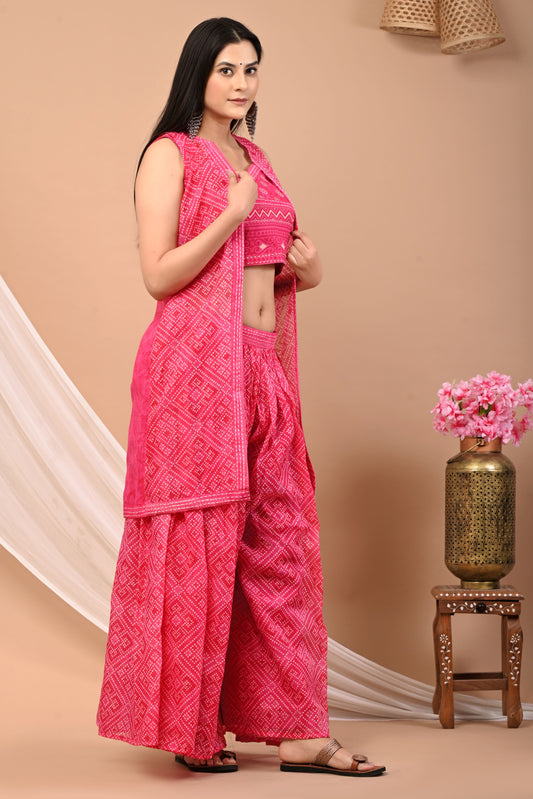 Pink Muslin Flare Pant Crop Top Shrug Set