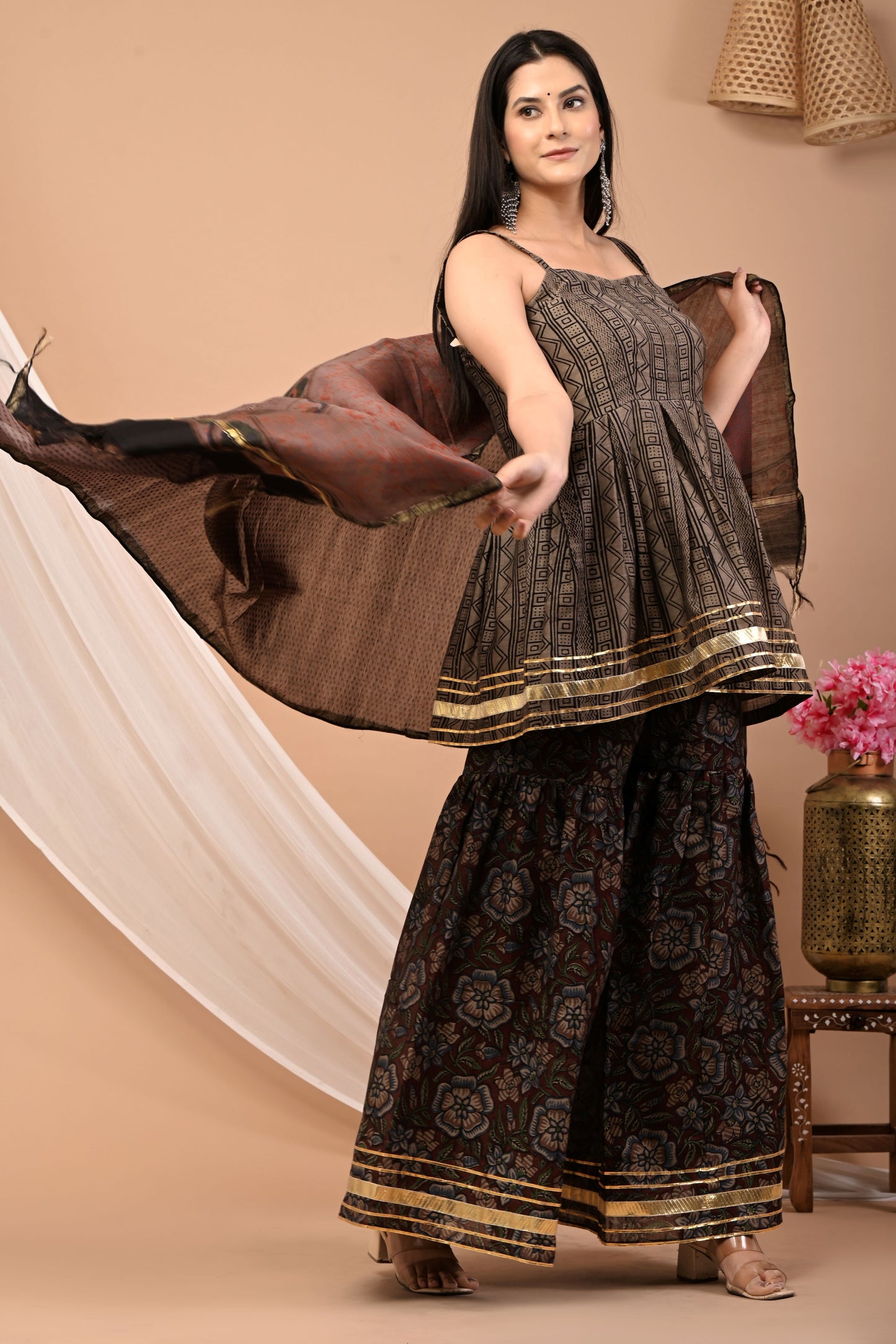 Bagru Print Sharara Kurti Dupatta Set